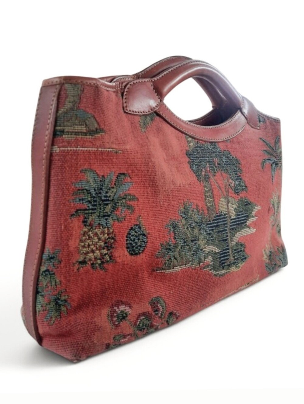 Y2K TOMMY BAHAMA Safari Tapestry Satchel Leather Bag Tropical Palm Old Money Vtg